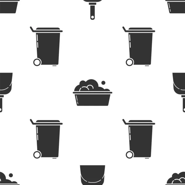 Set Dustpan Plastic Basin Soap Suds Trash Can Seamless Pattern — стоковый вектор