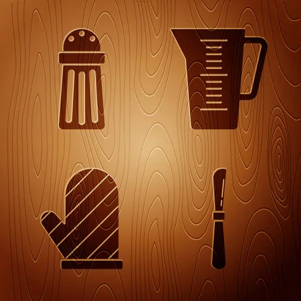 将刀叉 烤箱手套和量杯放在木制背景上 — 图库矢量图片