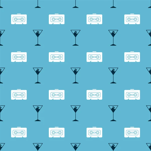 Réglez Verre Martini Cassette Audio Rétro Sur Motif Sans Couture — Image vectorielle