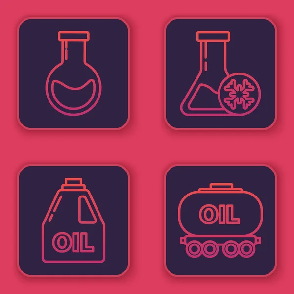 ラインを設定します試験管とフラスコ モータ機械油のためのキャニスター 凍結試験管と油鉄道シスタンダー 青い四角形のボタン ベクトル — ストックベクタ