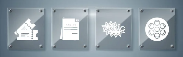 Film Haspel Bang Boom Tekst Tekstballon Scenario Cinema Ticket Vierkante — Stockvector