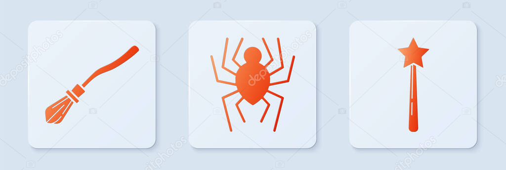 Set Spider , Witches broom  and Magic wand . White square button. Vector