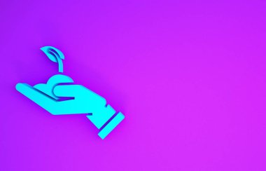 Mavi Filiz, mor arka planda izole edilmiş çevresel koruma ikonunun elinde. Tohum ve tohum. Fidan dikiyorum. Ekoloji konsepti. Minimalizm kavramı. 3d illüstrasyon 3d canlandırma