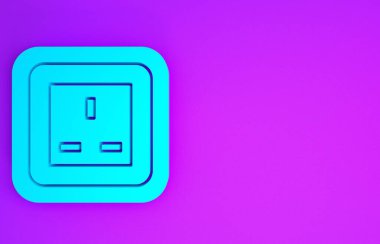 Mor arkaplanda mavi elektrik çıkış simgesi izole edildi. Elektrik prizi. Rosette sembolü. Minimalizm kavramı. 3d illüstrasyon 3d canlandırma