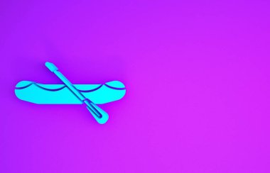 Mavi Rafting tekne simgesi mor arkaplanda izole edildi. Kürekleri olan şişme bir tekne. Su sporları, ekstrem sporlar, tatil, tatil. Minimalizm kavramı. 3d illüstrasyon 3d canlandırma