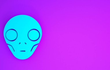 Mavi Uzaylı simgesi mor arkaplanda izole edilmiş. Uzaylı yüzü ya da kafa sembolü. Minimalizm kavramı. 3d illüstrasyon 3d canlandırma