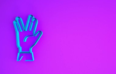 Mavi Vulkan selamlama simgesi mor arkaplanda izole edildi. Vulcan selamı. Spock sembolü. Minimalizm kavramı. 3d illüstrasyon 3B canlandırma