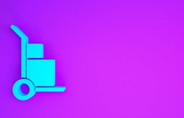 Mavi El kamyonu ve kutu simgesi mor arka planda izole edilmiş. Dolly sembolü. Minimalizm kavramı. 3d illüstrasyon 3d canlandırma