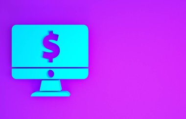 Mor zemin üzerinde dolar sembolü olan mavi bilgisayar monitörü. İnternetten alışveriş konsepti. İnternetten kazanç, pazarlama. Minimalizm kavramı. 3d illüstrasyon 3B canlandırma