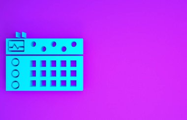 Mavi Davul Makinesi simgesi mor arkaplanda izole edildi. Müzik aletleri. Minimalizm kavramı. 3d illüstrasyon 3d canlandırma