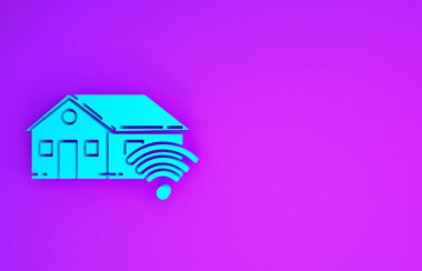 Mor arka planda kablosuz ağ ikonu olan Blue Smart evi. Uzaktan kumanda. Minimalizm kavramı. 3d illüstrasyon 3d canlandırma