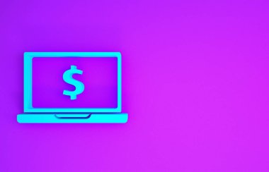 Mor arkaplanda dolar sembolü olan mavi dizüstü bilgisayar. İnternetten alışveriş konsepti. İnternetten kazanç, pazarlama. Minimalizm kavramı. 3d illüstrasyon 3B canlandırma