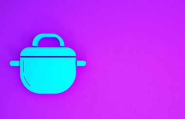 Mor arkaplanda mavi tencere simgesi izole edilmiş. Haşlama ya da güveç besin sembolü. Minimalizm kavramı. 3d illüstrasyon 3B canlandırma