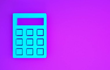 Mor arkaplanda mavi hesap makinesi simgesi izole edildi. Muhasebe sembolü. İş hesaplamaları matematik eğitimi ve finans. Minimalizm kavramı. 3d illüstrasyon 3B canlandırma