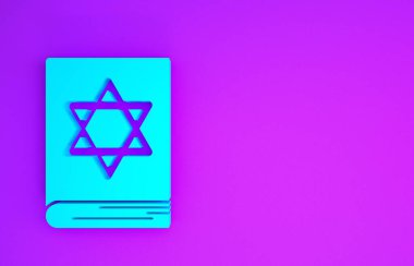 Mor arkaplanda izole edilmiş mavi Yahudi torah kitap ikonu. Musa 'nın Pentateuch' u. İncil 'in kapağında Davut Yıldızı' nın resmi var. Minimalizm kavramı. 3d illüstrasyon 3B canlandırma
