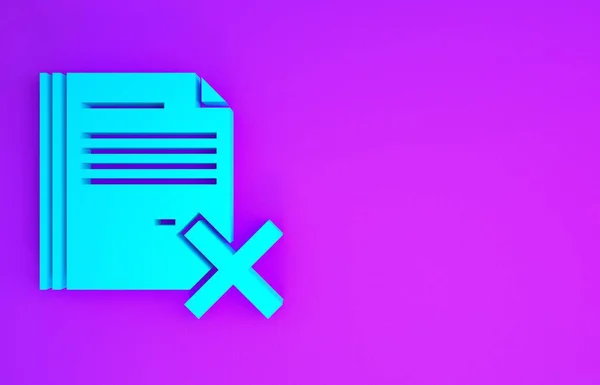 Blue Delete file document icon isolated on purple background. Rejected document icon. Cross on paper. Minimalism concept. 3d illustration 3D render