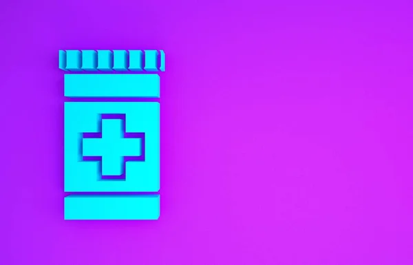 紫色の背景に単離されたブルーメディスンボトルアイコン 瓶の丸薬のサイン 薬局の設計 最小限の概念 3Dイラスト3Dレンダリング — ストック写真