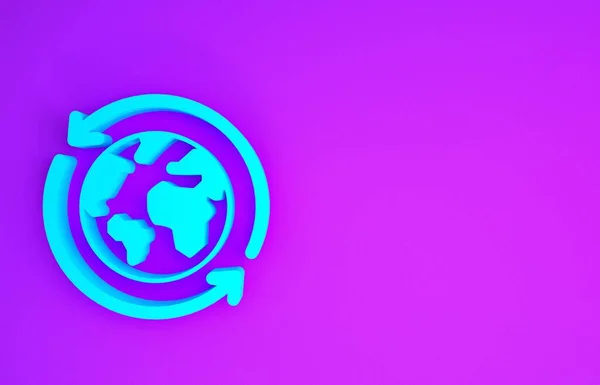 青い惑星地球と紫色の背景に隔離されたリサイクルアイコン 環境概念 最小限の概念 3Dイラスト3Dレンダリング — ストック写真