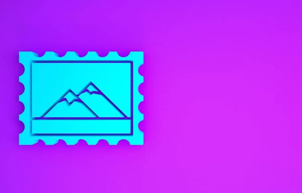 Sello Postal Azul Icono Las Montañas Aislado Sobre Fondo Púrpura —  Fotos de Stock