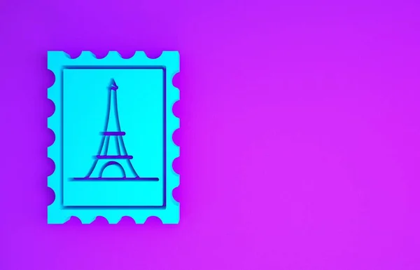 Blue Postal Stamp Eiffel Tower Icon Isolated Purple Background Minimalism — Stock Photo, Image
