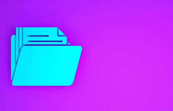 蓝色文档文件夹图标隔离在紫色背景上 会计粘合剂符号 簿记管理 最低纲领的概念 3D渲染3D插图 — 图库照片