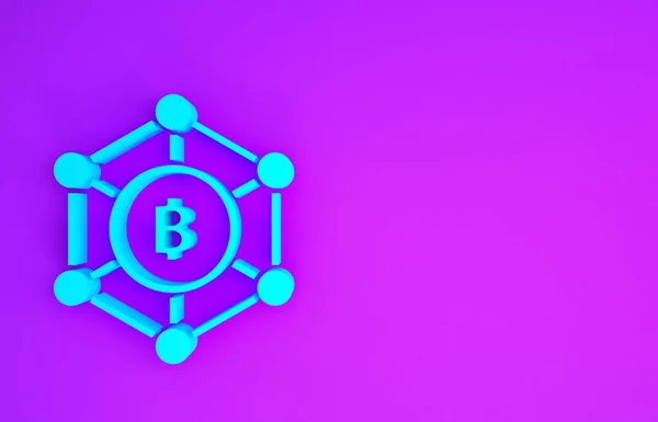 Blue Blockchain Technology Bitcoin Icon Isolated Purple Background Abstract Geometric — Stock Photo, Image