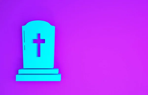 Lápida Azul Con Icono Cruz Aislado Sobre Fondo Púrpura Icono — Foto de Stock