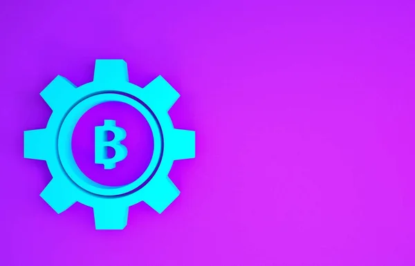 Azul Criptomoeda Ícone Moeda Bitcoin Isolado Fundo Roxo Configuração Engrenagem — Fotografia de Stock