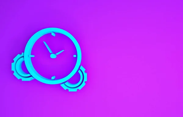 蓝色时间管理图标隔离在紫色背景 时钟和齿轮的标志 生产力的象征 最低纲领的概念 3D渲染3D插图 — 图库照片