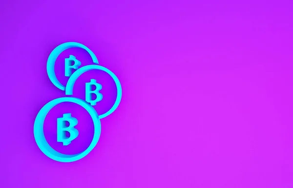 비트코인 아이콘은 보라색 배경에 분리되어 물리적 Blockchain 암호화 통화를 기반으로 — 스톡 사진