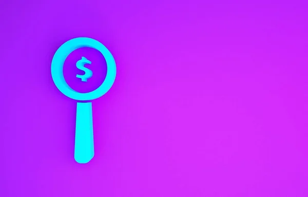 Blue Magnifying glass and dollar symbol icon isolated on purple background. Find money. Looking for money. Minimalism concept. 3d illustration 3D render