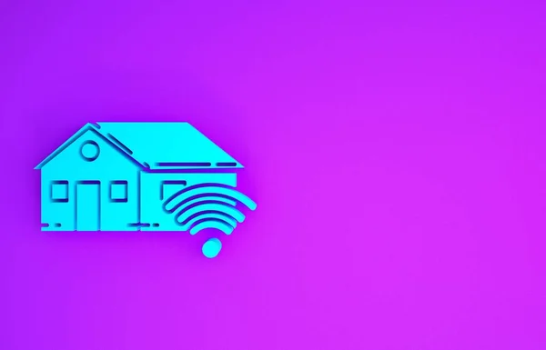 Blue Smart home with wi-fi icon isolated on purple background. Remote control. Minimalism concept. 3d illustration 3D render