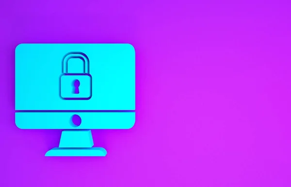 Blue Lock Computer Monitor Screen Icon Isolated Purple Background Security — Stock Photo, Image