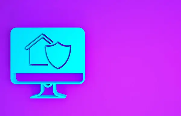 Blauer Computermonitor Mit Haus Unter Schutz Symbol Isoliert Auf Violettem — Stockfoto