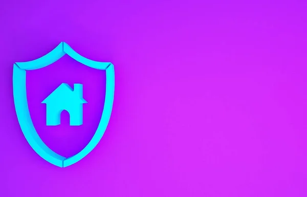 Блакитний Будинок Щитовим Іконом Ізольованим Фіолетовому Фоні Концепція Страхування Безпека — стокове фото