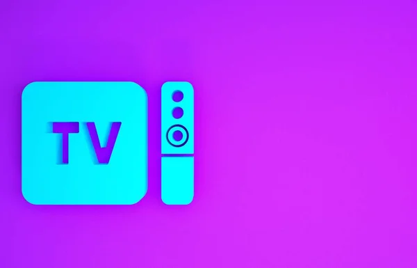 蓝色多媒体和电视盒接收机和播放器与遥控器图标隔离在紫色背景 最低纲领的概念 3D说明3D — 图库照片