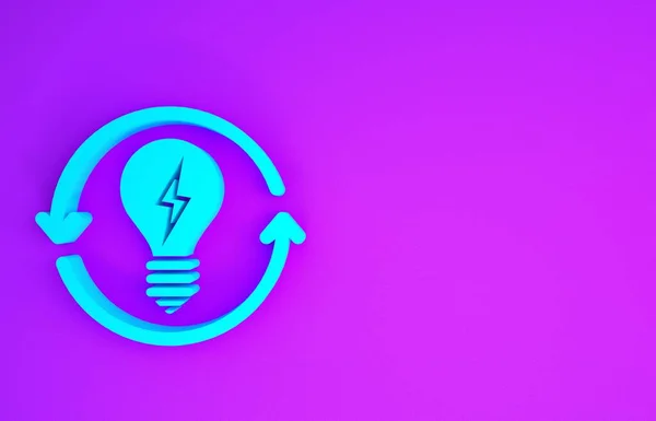 蓝色循环和灯泡与闪电符号图标隔离在紫色背景 灯的标志 意念符号 最低纲领的概念 3D说明3D — 图库照片