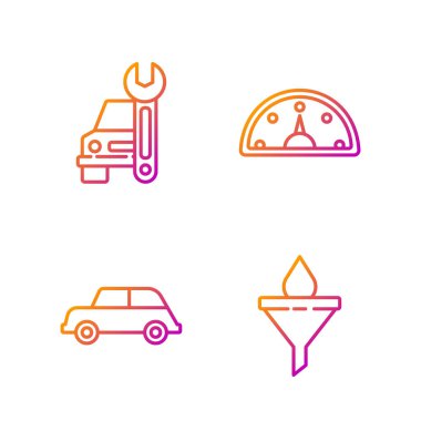 Hat hunisi veya filtre ve motor yağı düşüşü, araba, araba servisi ve hız göstergesi ayarlayın. Renk simgeleri. Vektör