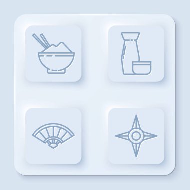 Çubuklu çizgi pirinç, geleneksel Japon çay seremonisi, kağıt çin yemeği ya da Japon katlama fanı ve Japon ninja shuriken 'i. Beyaz kare düğme. Vektör