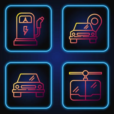 Kablo TV, araba, elektrikli araba şarj istasyonu ve taksi ile harita işaretleyicisi ayarla. Renk simgeleri. Vektör