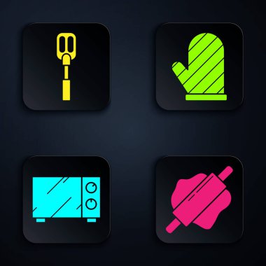 Rolling pin, Spatula, Mikrodalga fırın ve fırın eldiveni ayarla. Siyah kare düğme. Vektör