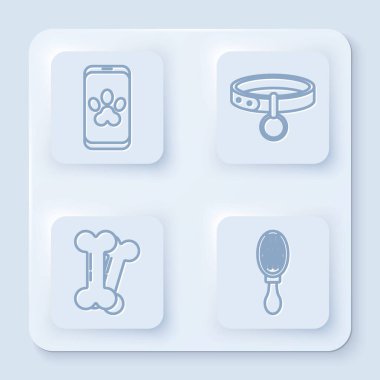 Çevrimiçi veteriner kliniği sembolü yaka kartı, köpek kemiği ve kedi için saç fırçası. Beyaz kare düğme. Vektör