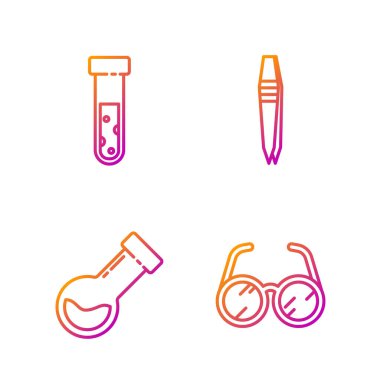 Laboratuvar bardakları, deney tüpü ve matara kimyasalı test tüpü, matara kimyasalı ve cımbız ayarlayın. Renk simgeleri. Vektör