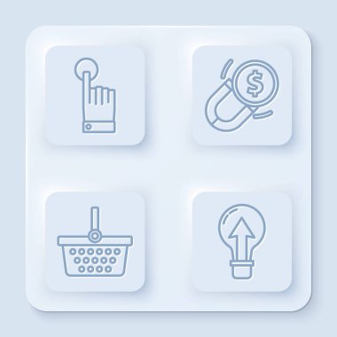 El dokunuşu ve dokunuş hareketi, para mıknatısı, alışveriş sepeti ve ampul ayarlayın. Beyaz kare düğme. Vektör