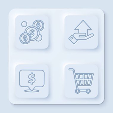 Dolarla para, elde para, dolarla konuşma balonu ve alışveriş arabası. Beyaz kare düğme. Vektör