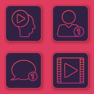 Oyun düğmesi olan satırı ayarla, konuşma balonu sohbeti yap, Arkadaşına Ekle ve Video Oynat. Mavi kare düğme. Vektör