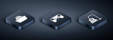 Isometric Citrus meyve sıkacağını, elektrik süpürgesini ve Gamepad simgesini ayarla. Vektör