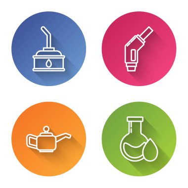 Motor yağı, benzin pompası enjektörü, motor yağı ve benzin test tüpü için tüp hazırlayın. Renkli daire düğmesi. Vektör