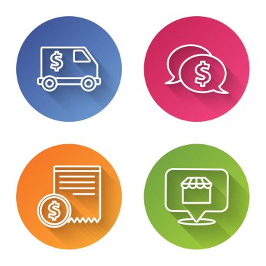 Zırhlı araç, dolarlı konuşma balonu, çek ve mali kontrol ve online alışveriş konsepti. Renkli daire düğmesi. Vektör