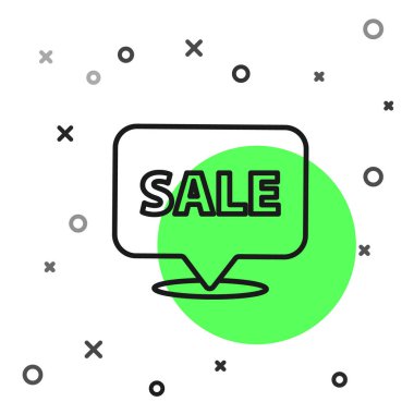 Beyaz arkaplanda izole edilmiş metin satışı simgesi olan siyah çizgi asma işareti. Mesaj indirimli tabela. Vektör İllüstrasyonu